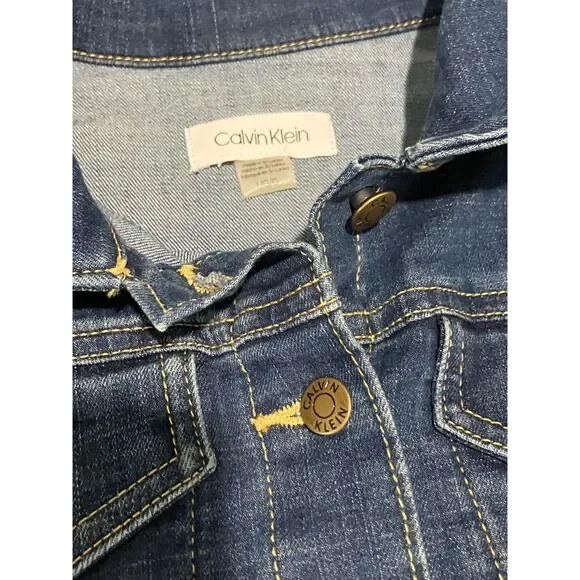 Calvin Klein Women’s Cropped Denim Jacket Blue Stretch Jean Size L - Picture 11 of 11